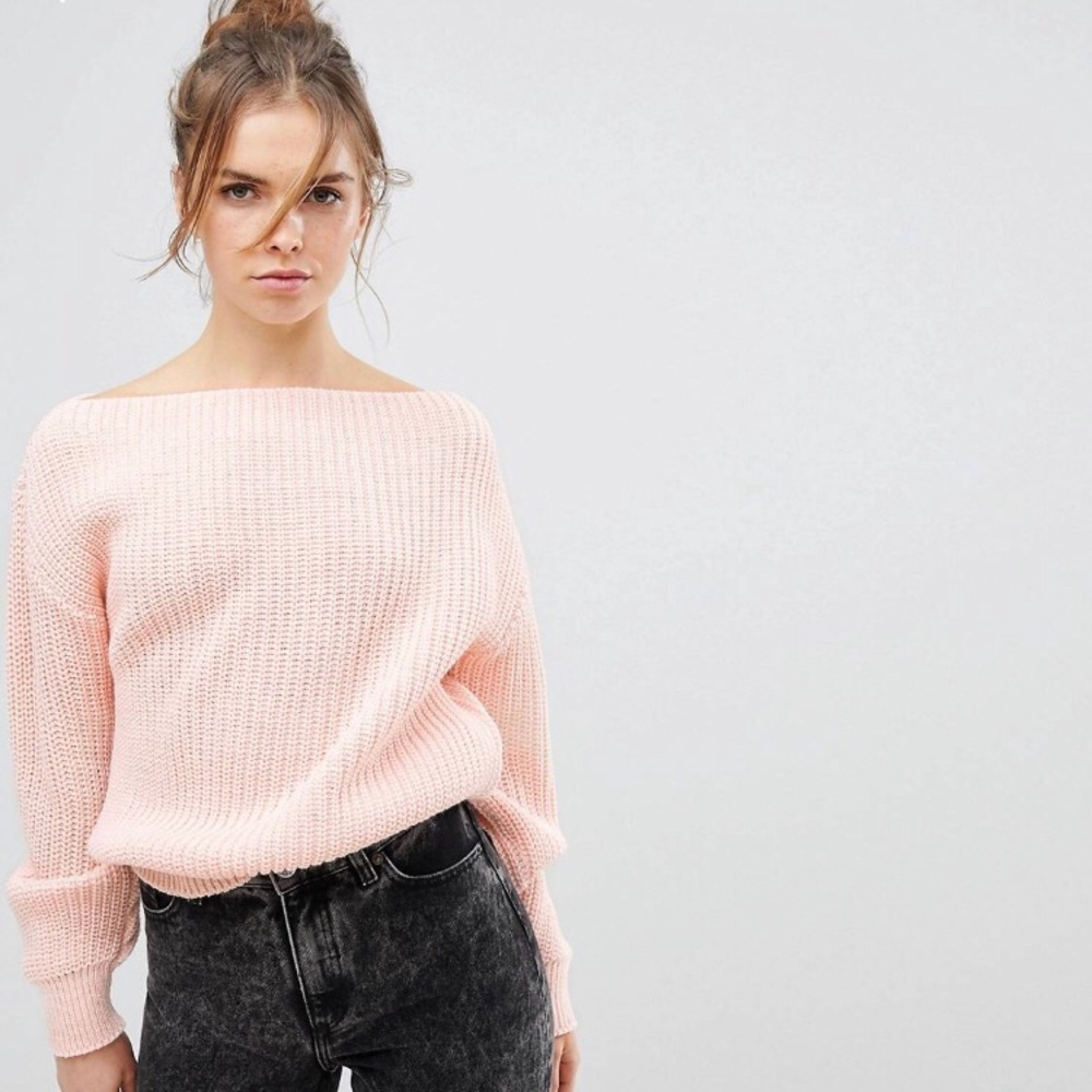 ASOS GLAMOROUS PINK OFF SHOULDER RIBBED SWEATER